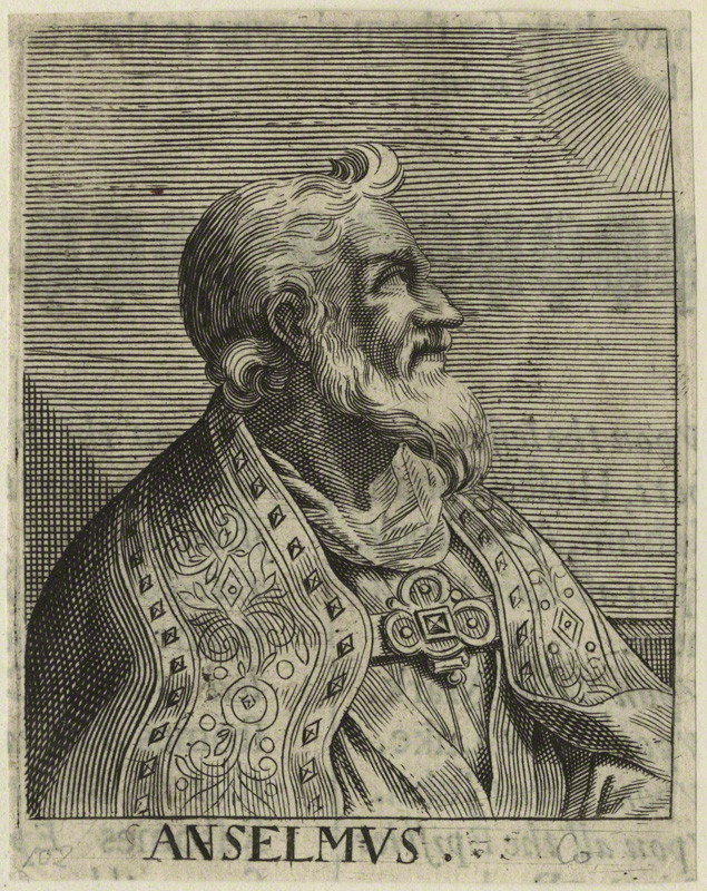 Line engraving of St. Anselm of Canterbury (mid-17th century), by George Glover, via Wikimedia Commons